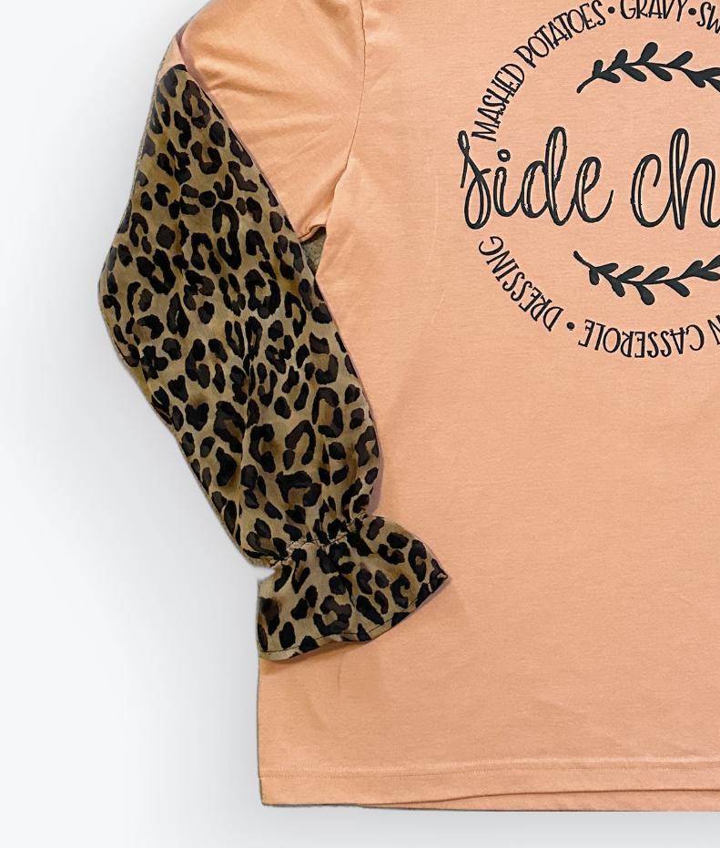 Upcycled Side Chick with Leopard Sleeves T-Shirt