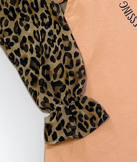Upcycled Side Chick with Leopard Sleeves T-Shirt