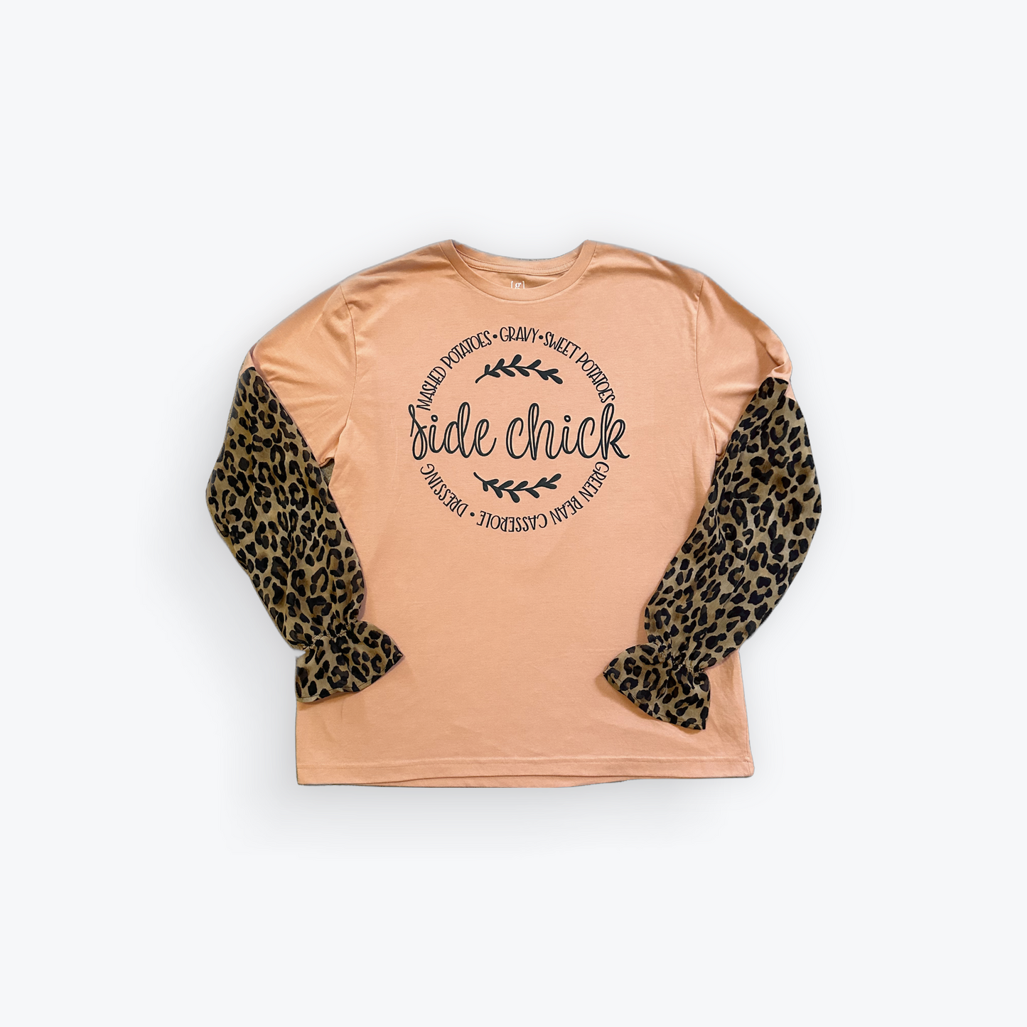 Upcycled Side Chick with Leopard Sleeves T-Shirt