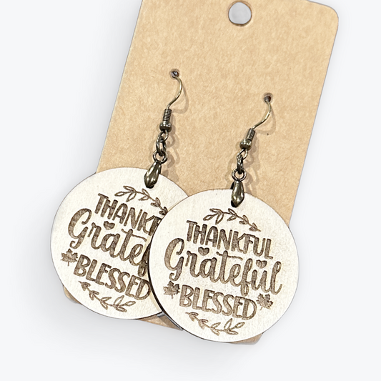 Thankful Grateful Blessed Laser Engraved Wood Earrings