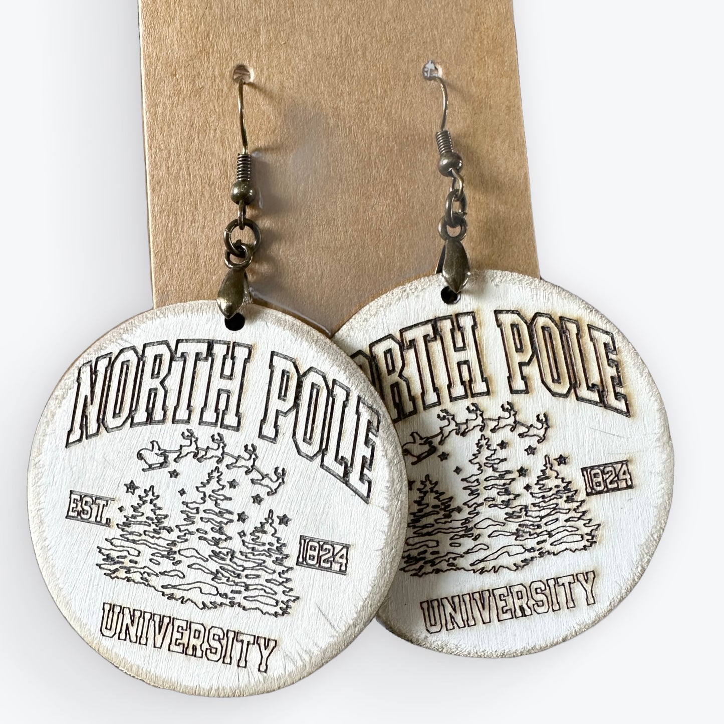 North Pole University White Distressed Laser Engraved Wood Handmade Earrings