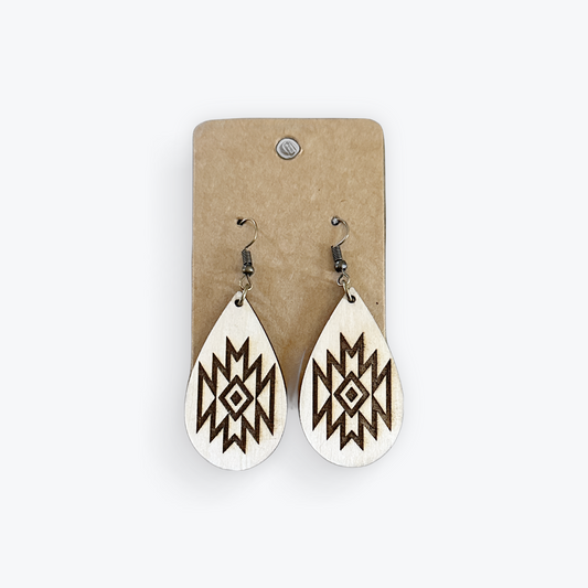 Aztec Print Teardrop Laser Engraved Wood Earrings