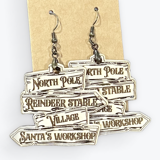 North Pole Village Sign Laser Engraved Handmade Earrings