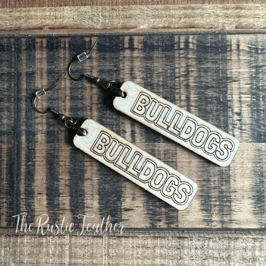 "BULLDOGS" School Mascot Laser Engraved Wood Earrings STY 2