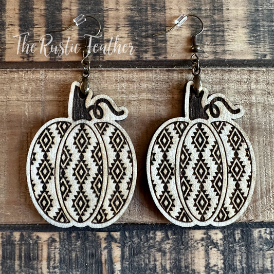 Aztec Pumpkin Laser Engraved Wood Earrings