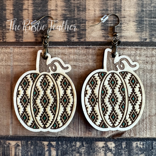 Aztec Pumpkin with Aqua Color Laser Engraved Earrings