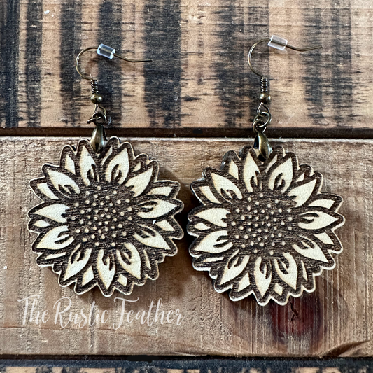 Sunflower Laser Engraved Wood Earrings