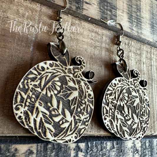 Pumpkin With Leaves Laser Engraved Wood Earrings