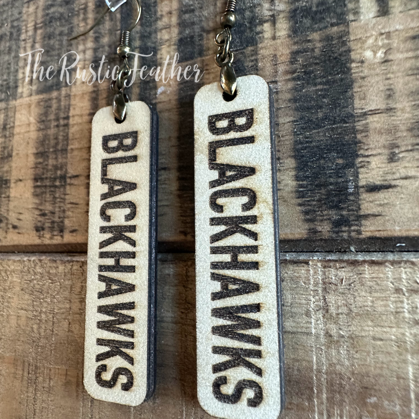 "BLACKHAWKS"School Mascot Laser Engraved Wood Earrings