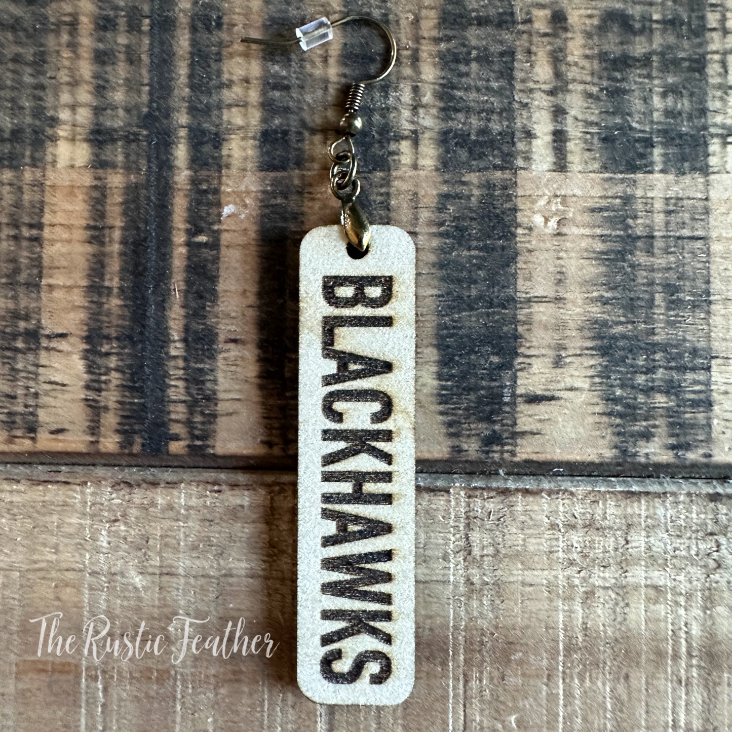 "BLACKHAWKS"School Mascot Laser Engraved Wood Earrings