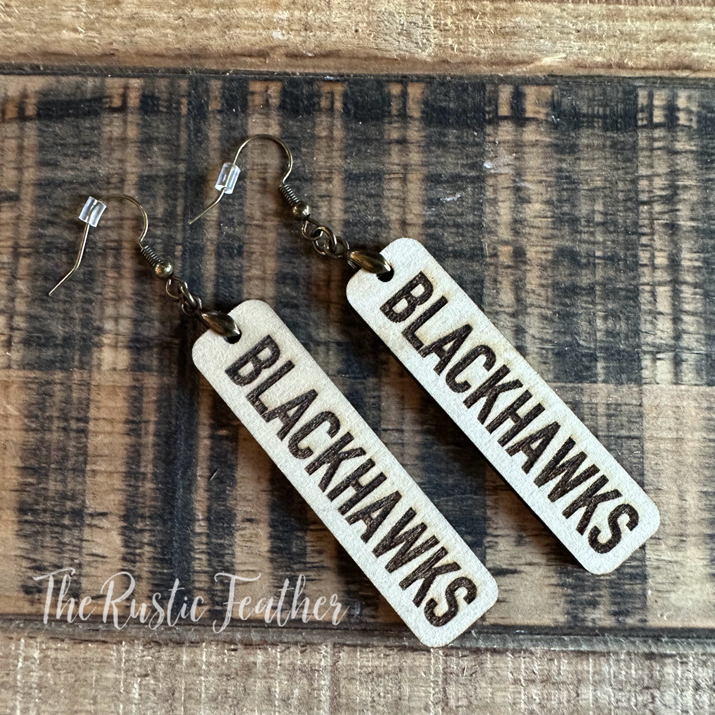 "BLACKHAWKS"School Mascot Laser Engraved Wood Earrings