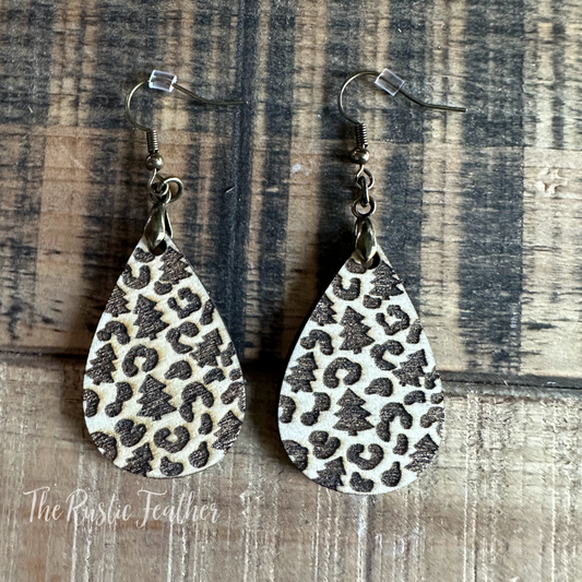 Christmas Tree Leopard Laser Engraved Wood Earrings