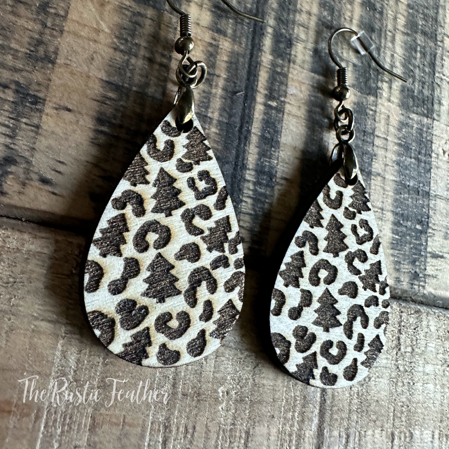 Christmas Tree Leopard Laser Engraved Wood Earrings