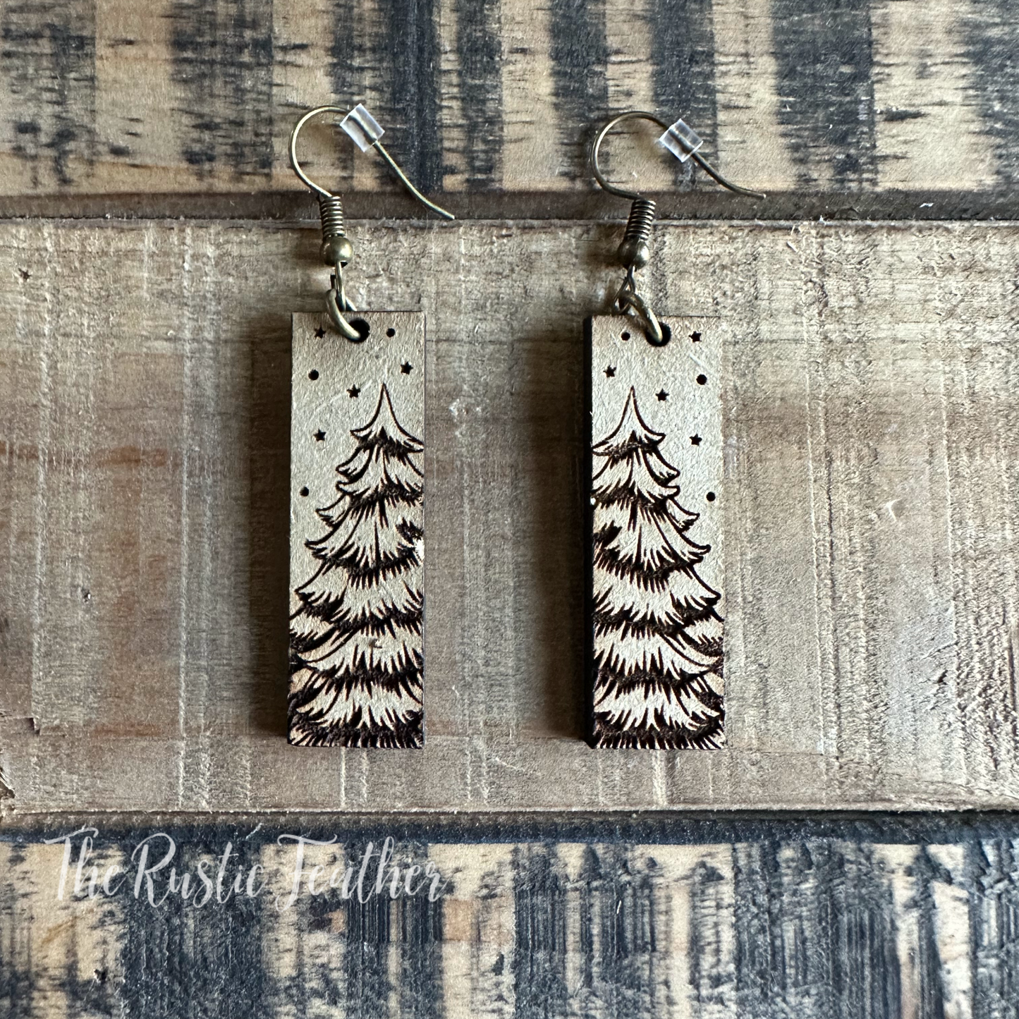 Winter Pine Tree Rectangle Laser Engraved Wood Earrings