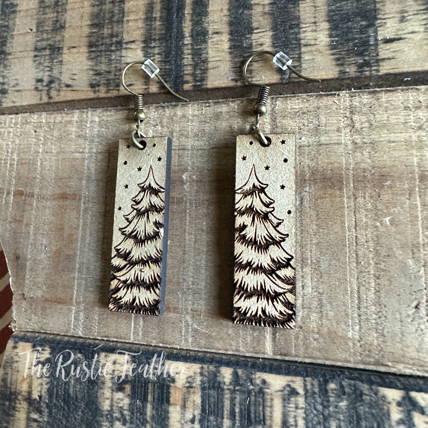 Winter Pine Tree Rectangle Laser Engraved Wood Earrings