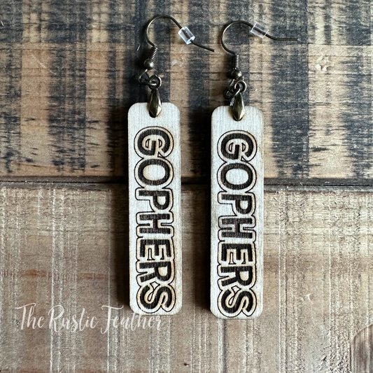 "GOPHERS" School Mascot Laser Engraved Wood Earrings