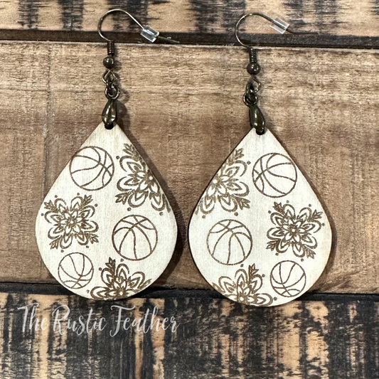 Basketball Flower Laser Engraved Wood Earrings