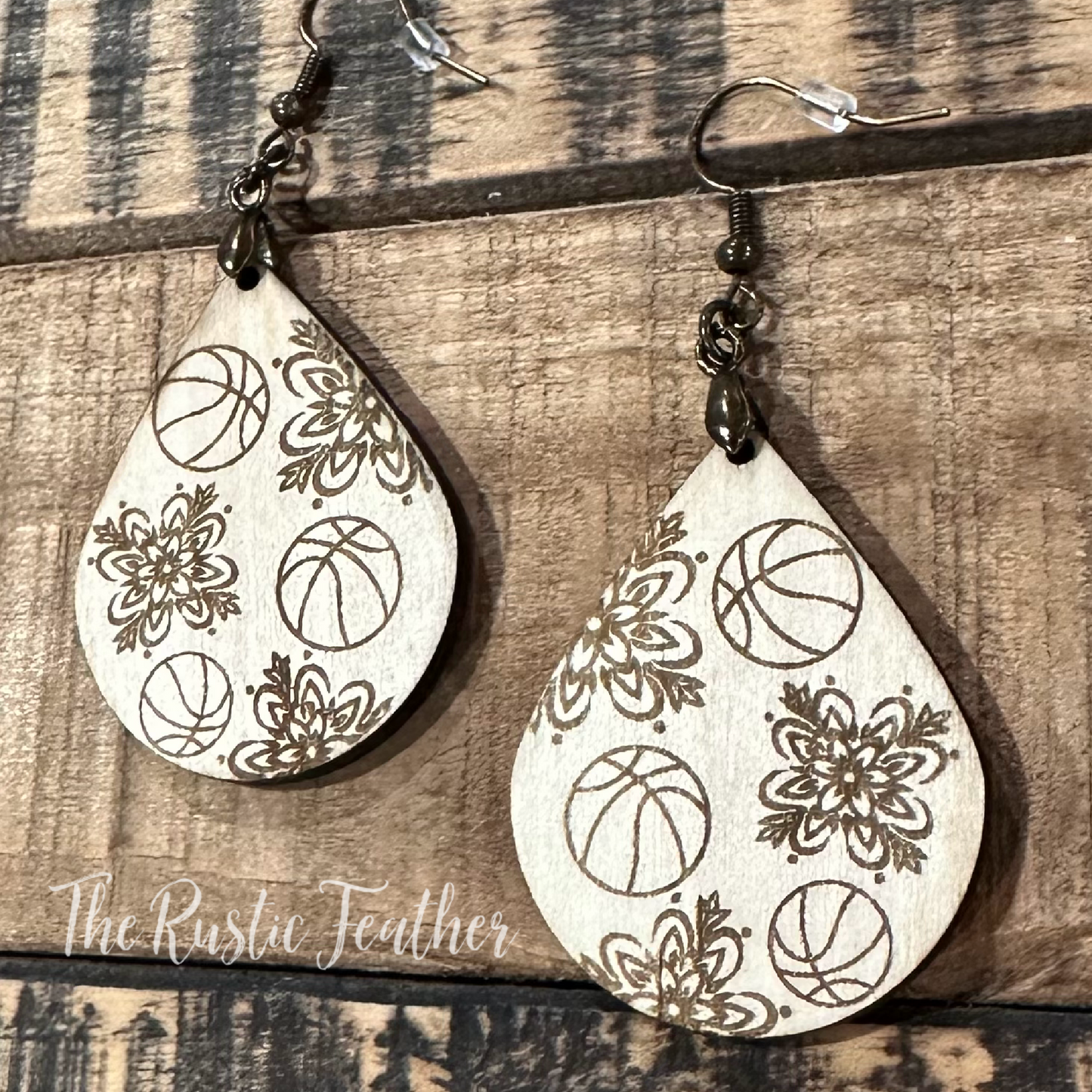 Basketball Flower Laser Engraved Wood Earrings