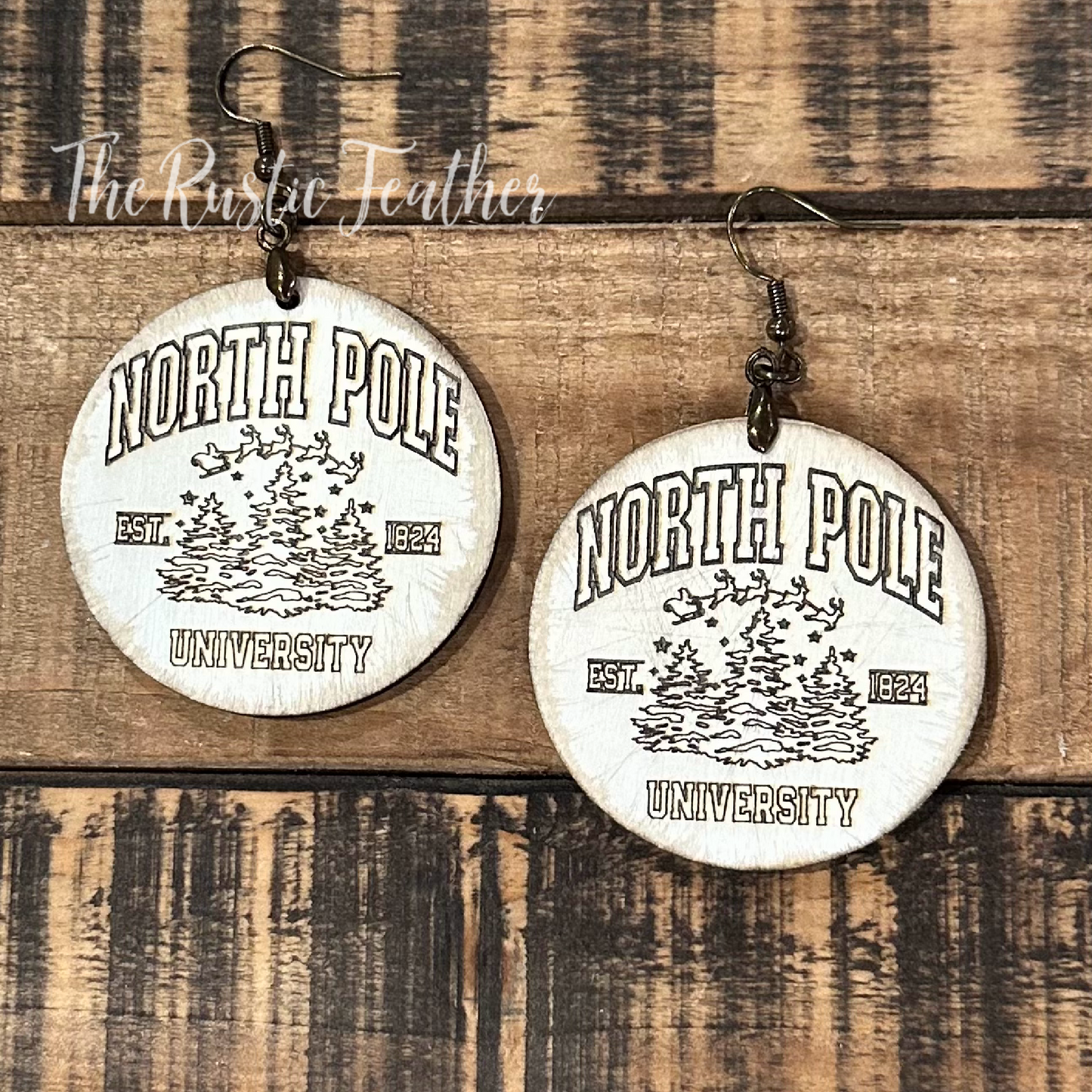 North Pole University White Distressed Laser Engraved Wood Handmade Earrings