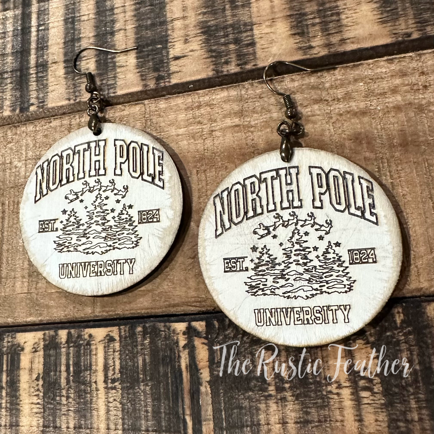 North Pole University White Distressed Laser Engraved Wood Handmade Earrings