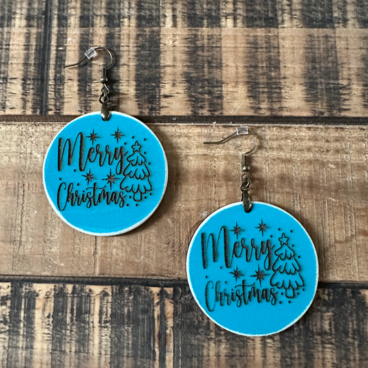 Merry Christmas Laser Engraved Distressed Wood Earrings in Peacock Blue