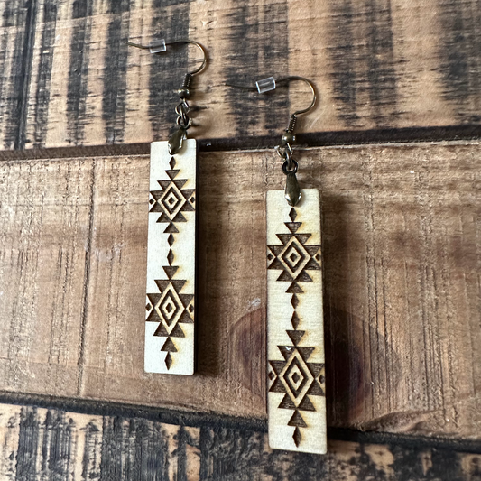 Aztec Laser Engraved Wood Bar Earrings