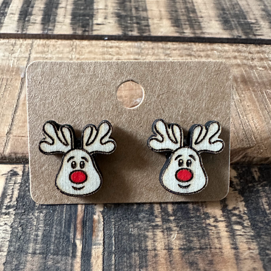 Reindeer Laser Engraved Wood Stud Earrings