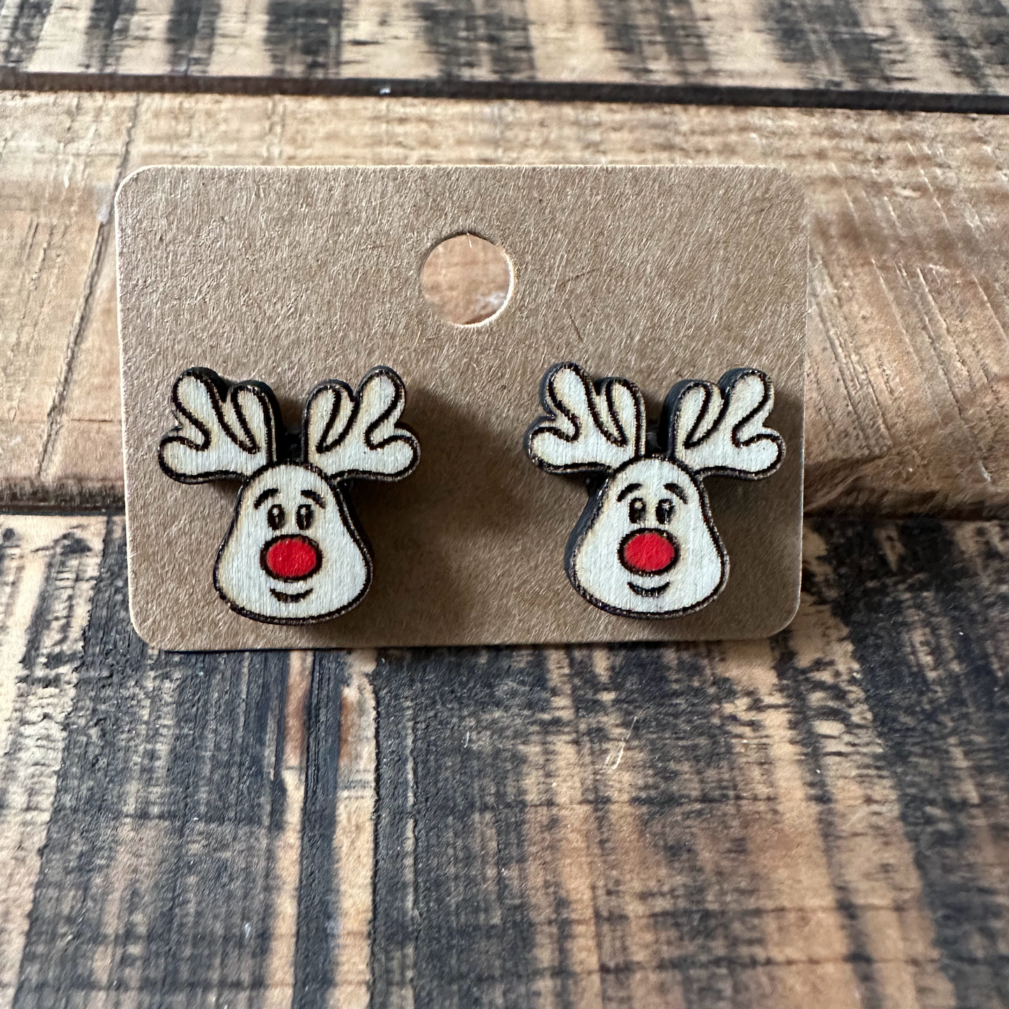 Reindeer Laser Engraved Wood Stud Earrings