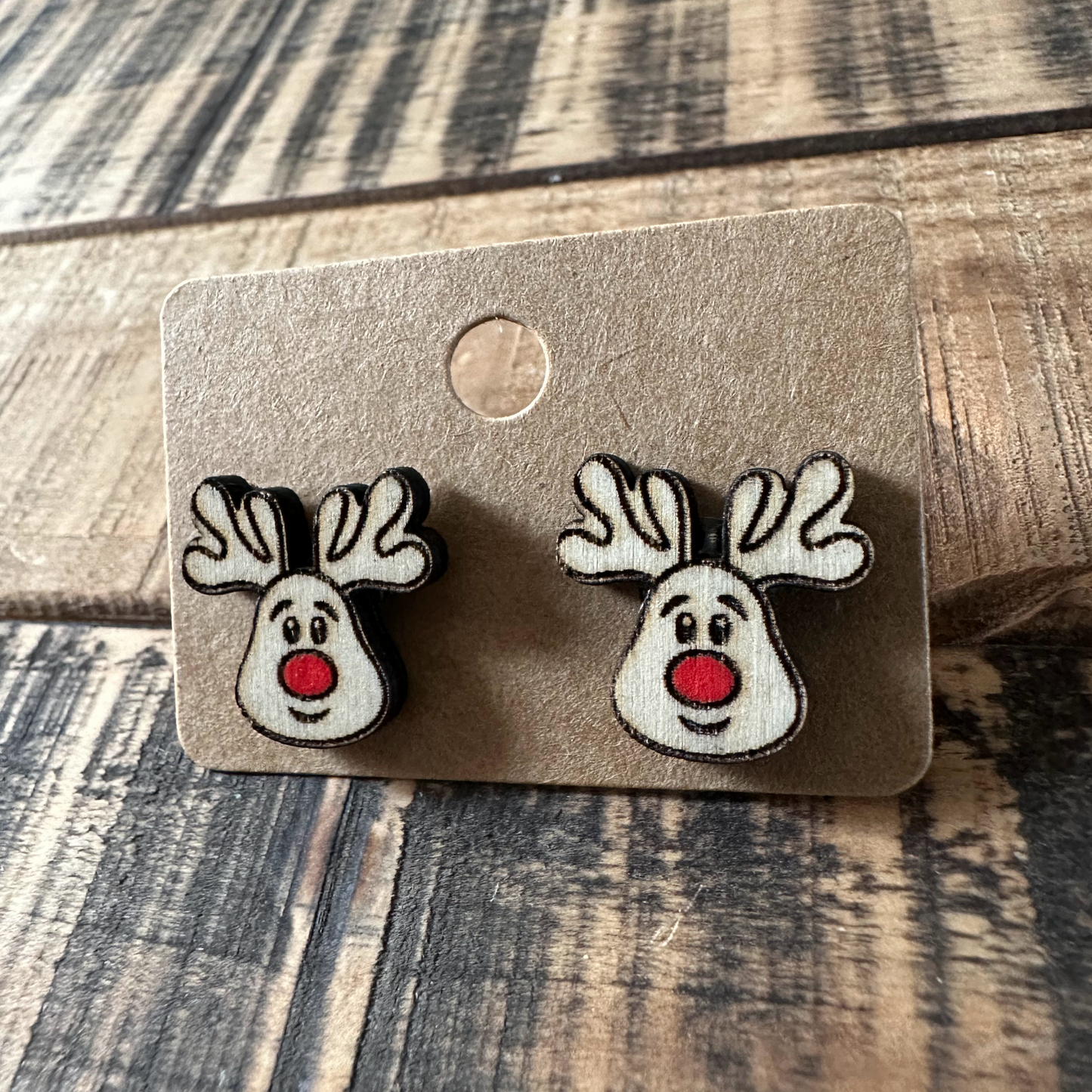 Reindeer Laser Engraved Wood Stud Earrings