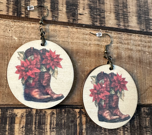 Western Boot Laser Engraved Wood Christmas Handmade Earrings