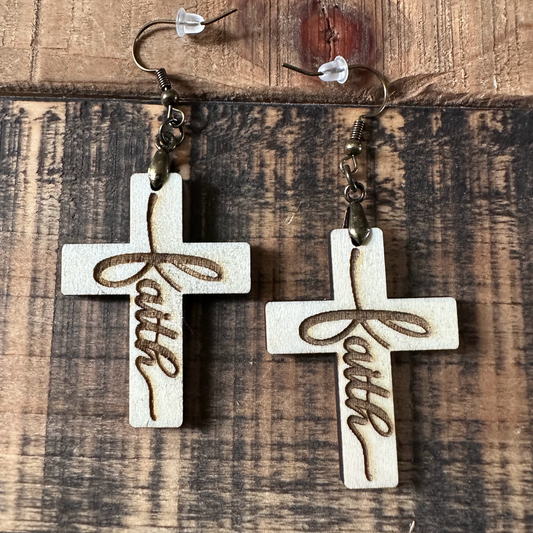 Cross Laser Engraved Faith Wood Earrings