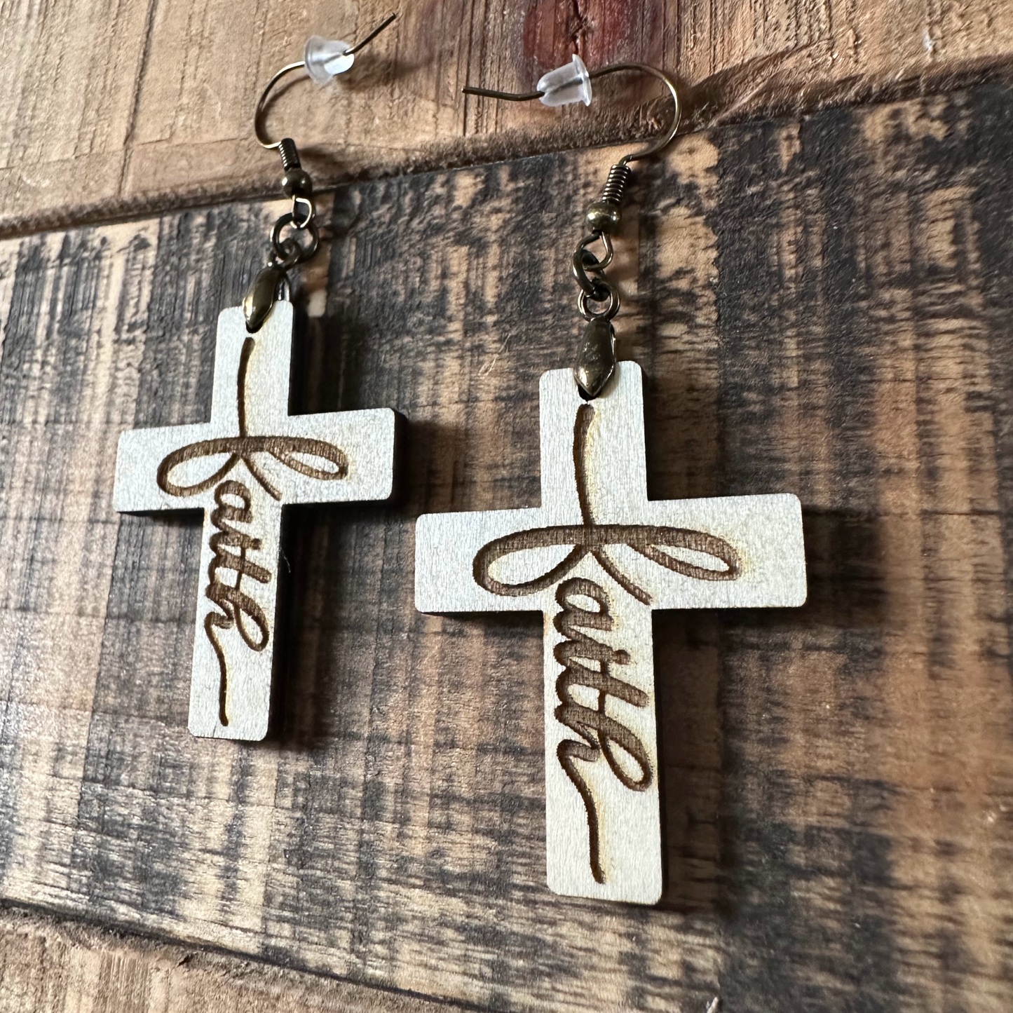 Cross Laser Engraved Faith Wood Earrings