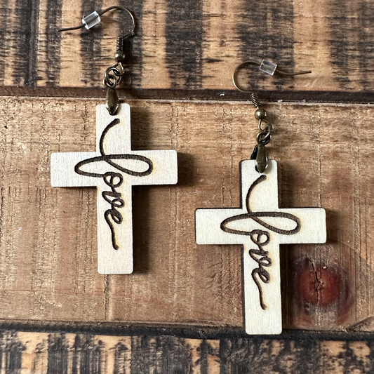 Cross Laser Engraved Love Wood Earrings