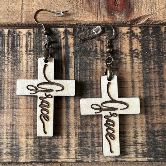 Cross Laser Engraved Grace Wood Earrings