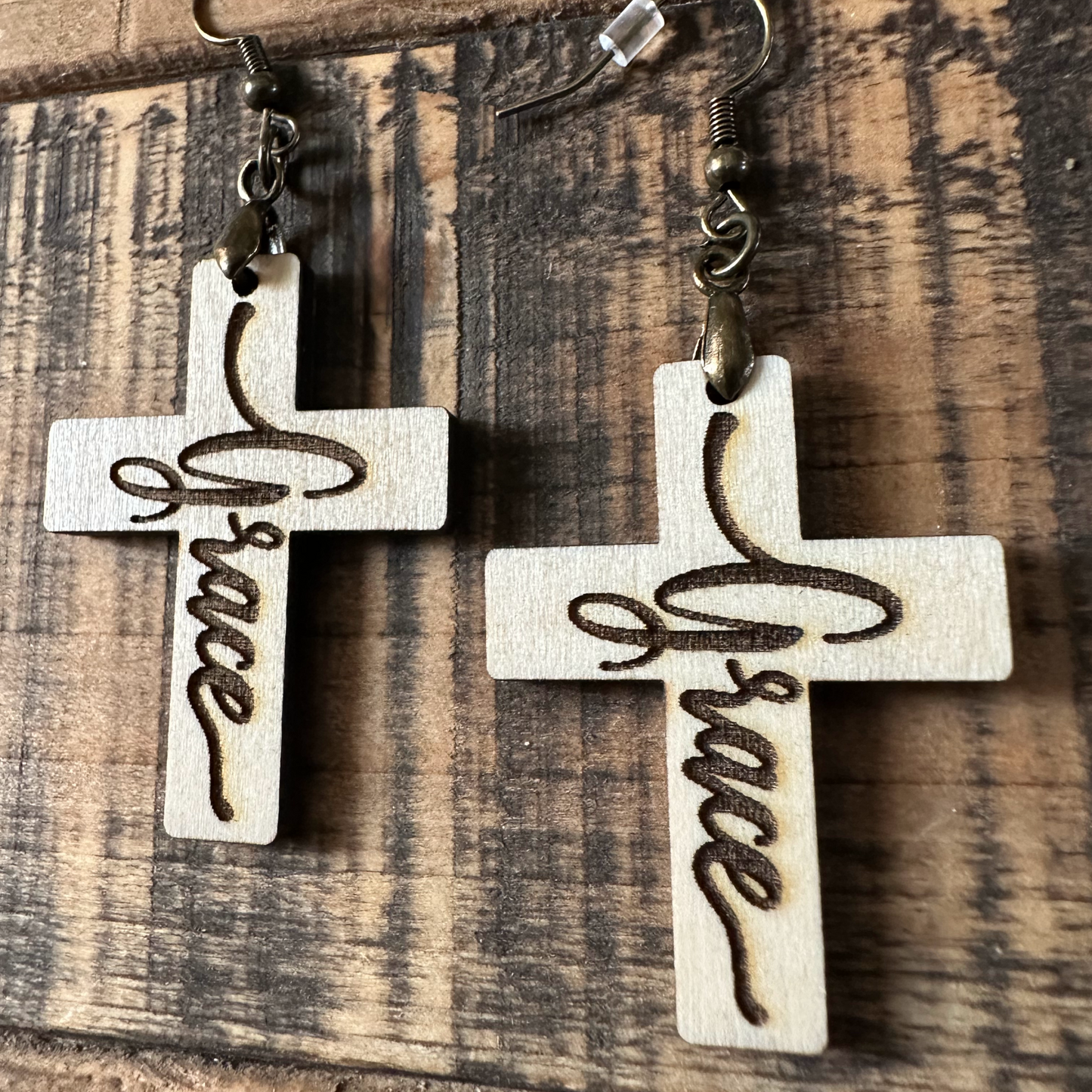 Cross Laser Engraved Grace Wood Earrings