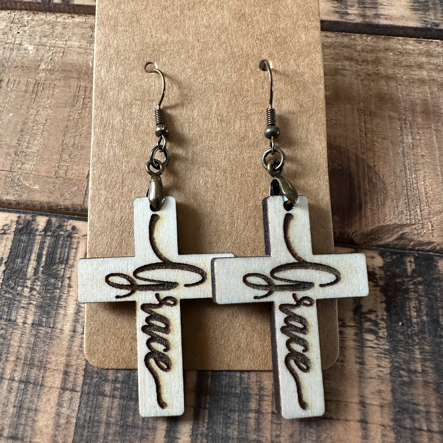 Cross Laser Engraved Grace Wood Earrings