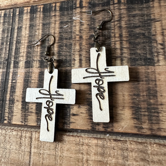 Cross Laser Engraved Hope Wood Earrings