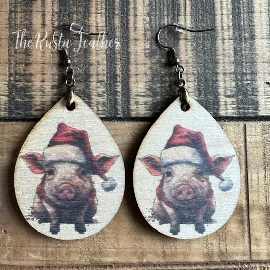 Christmas Pig Wood Handmade Earrings