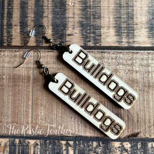 "Bulldogs" School Mascot Laser Engraved Wood Earrings