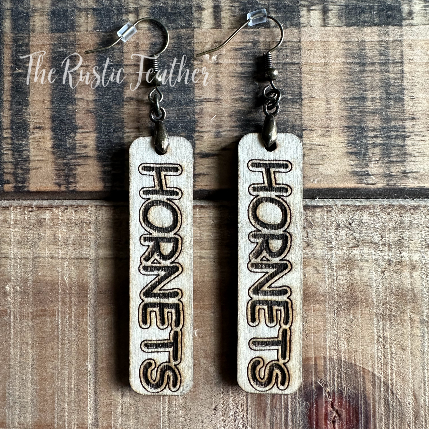 "HORNETS" School Mascot Laser Engraved Wood Earrings