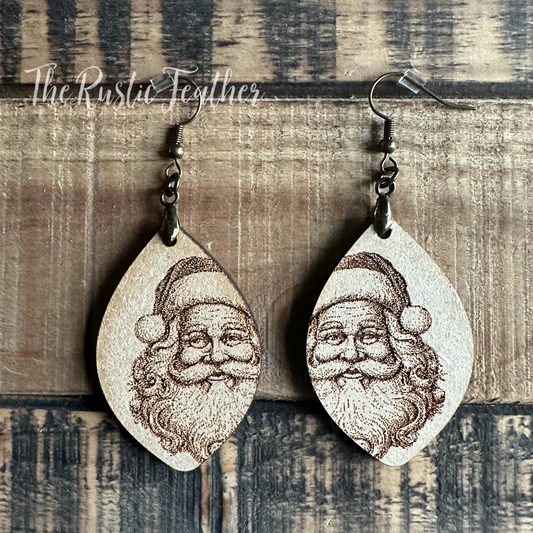 Santa Head Laser Engraved Wood Earrings