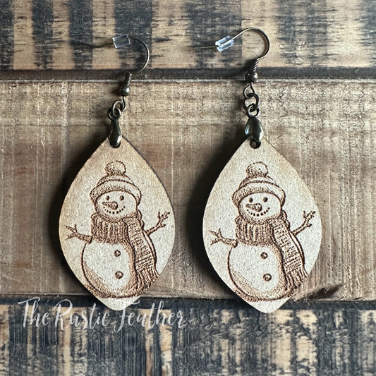 Snowman Laser Engraved Wood Earrings