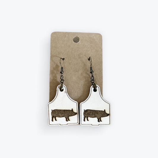 Pig Ear Tag Laser Engraved Wood Earrings